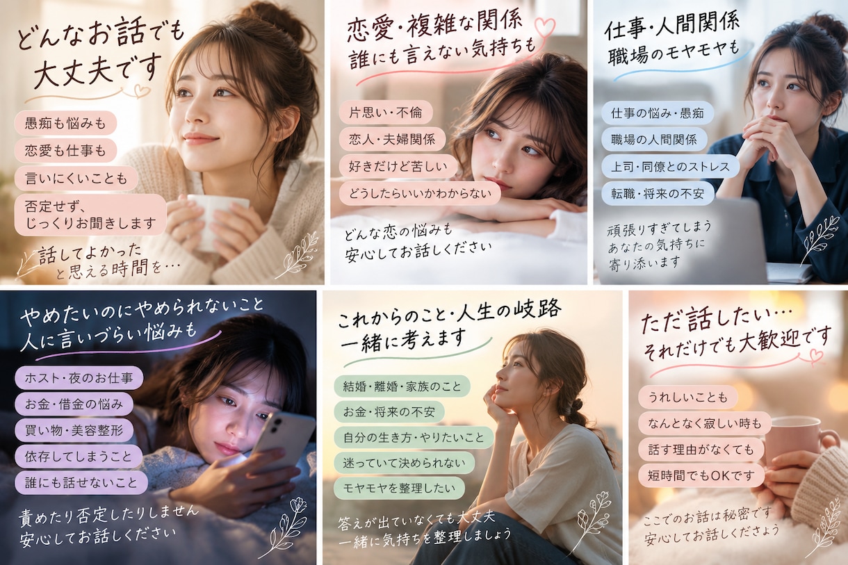 モヤモヤも愚痴も否定せずじっくりお聞きします 愚痴・悩み・寂しい時も。否定せずあなたの気持ちに寄り添います イメージ1