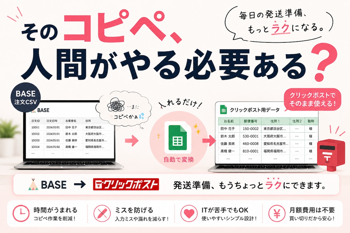 BASEの発送CSV変換ツールを導入します 高いシステムはまだ早い。でも毎日のコピペは減らしたい方へ。 イメージ1