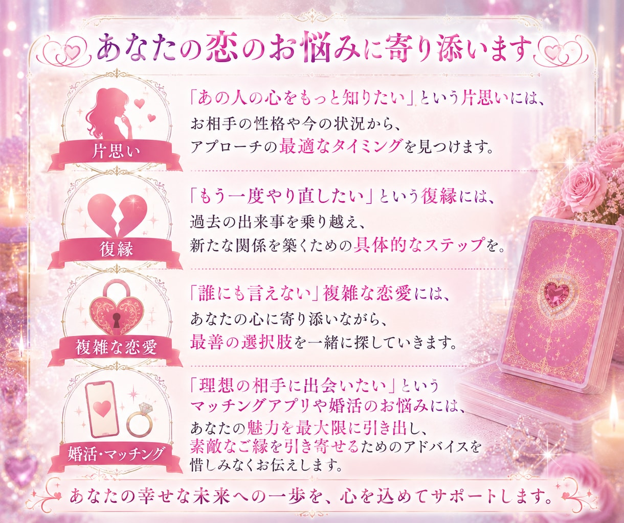 片思い・復縁♡タロットで彼の気持ちを詠み解きます 24時間以内返答！具体的な行動アドバイスで恋を導きます イメージ2