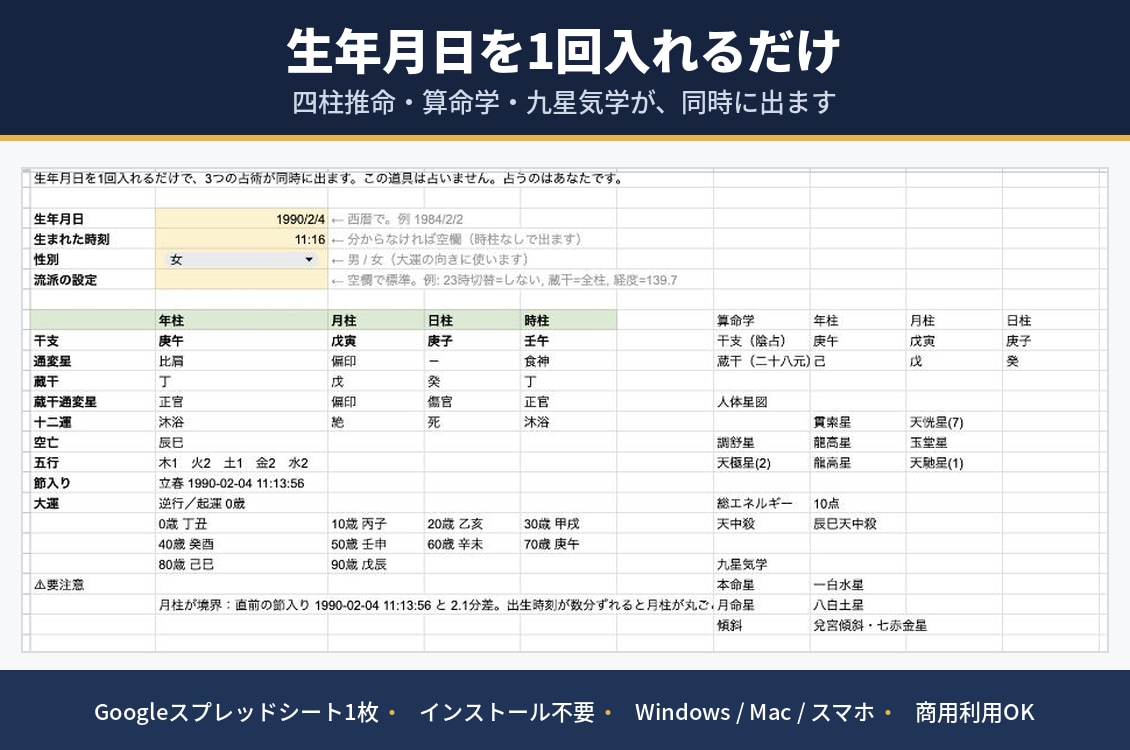 四柱推命・算命学・九星気学の命式シートを渡します 生年月日1回で3占術｜国立天文台の暦と照合済み イメージ1