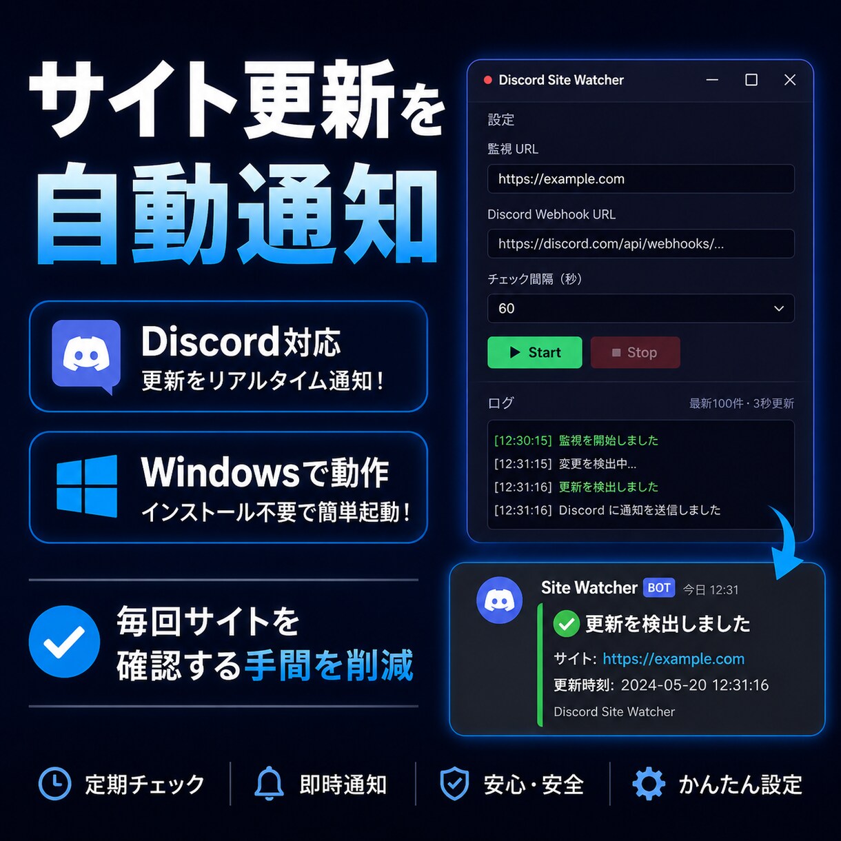 指定サイトの更新を自動通知するツールを作ります URLを監視して、変化があればDiscordへ通知します。 イメージ1