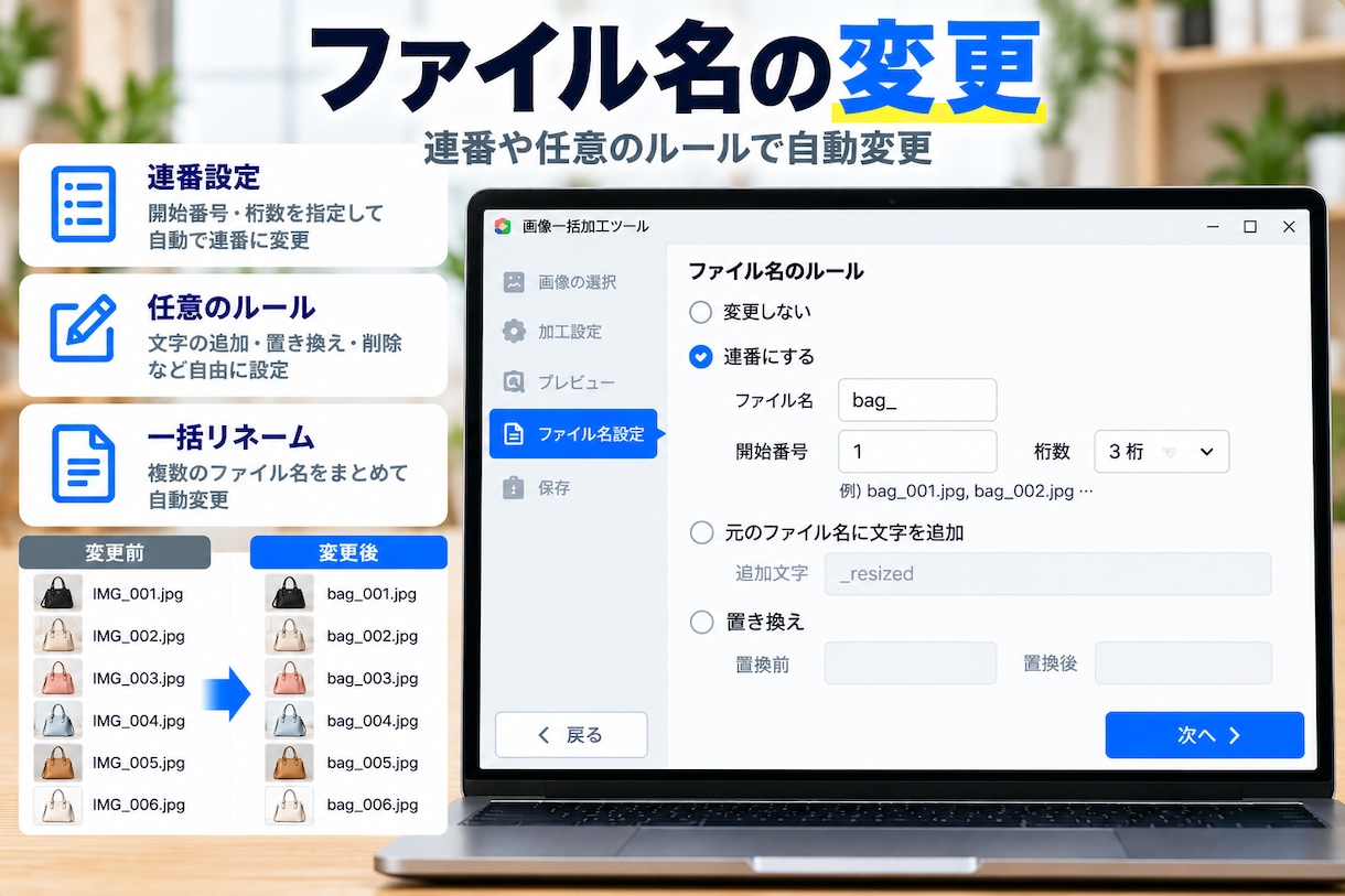 商品画像を一括加工できるツールを提供します リサイズ・形式変換・ファイル名変更をまとめて自動処理 イメージ4