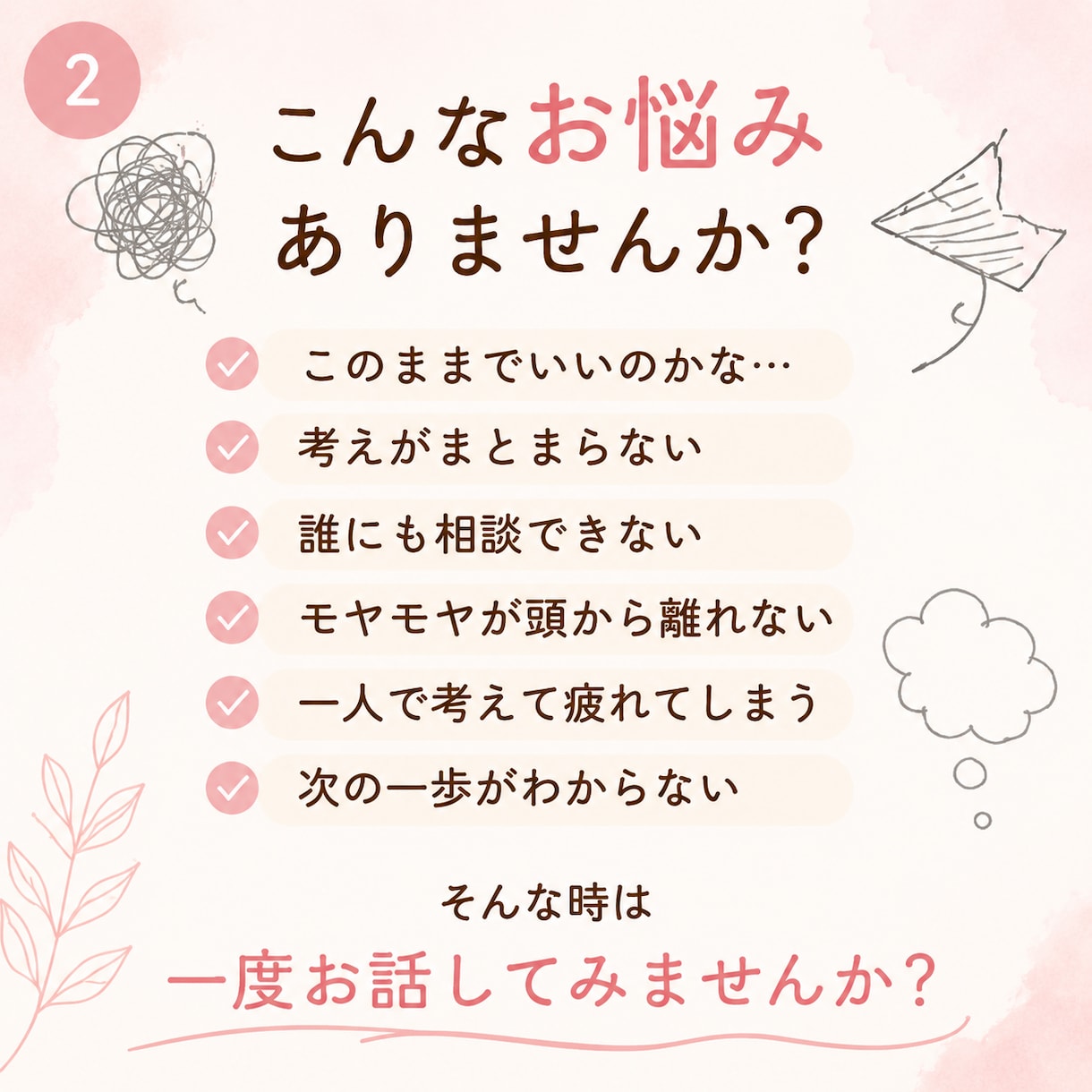 頭の中のモヤモヤを一緒に整理します ＜話しながら気持ちを整理して、次の一歩を見つけましょう＞ イメージ2