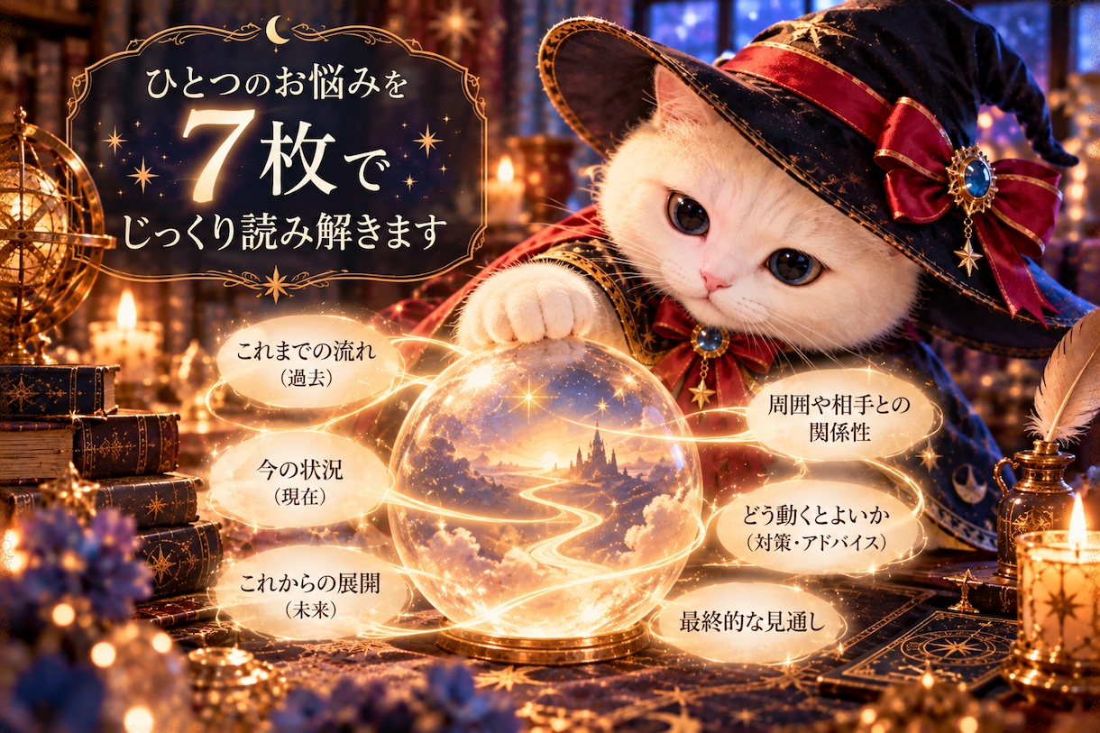 タロットのヘキサグラムでお悩みを深く読み解きます 過去から現在、これからの流れまで7枚でしっかり読むにゃ イメージ2