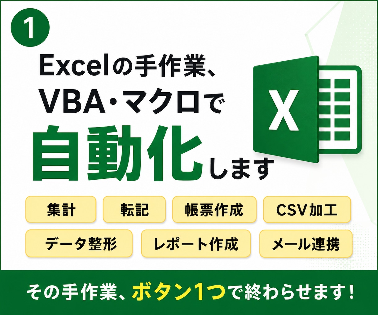ExcelVBA・マクロで業務を自動化します その手作業、ボタン1つで終わらせます イメージ1