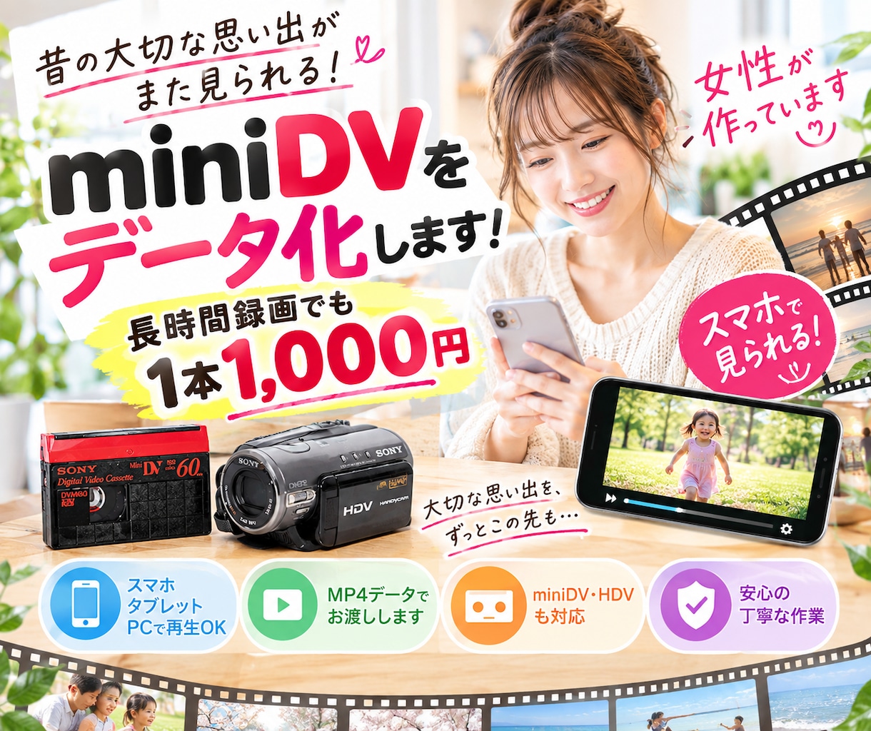 女性対応miniDVをスマホで見れるデータにします 【1本一律1000円】時間制限なし！miniDVをmp4変換 イメージ1