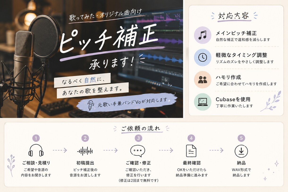 ロック/ボカロ向け ピッチ補正承ります 元歌い手兼バンドVoが自然に仕上げます！ イメージ1