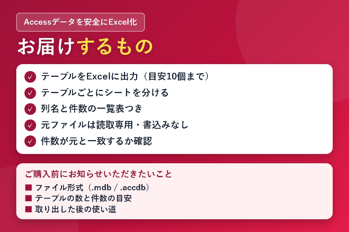 Accessのデータを安全にExcel化します 開けない・誰も触れないAccessの中身を取り出します イメージ3