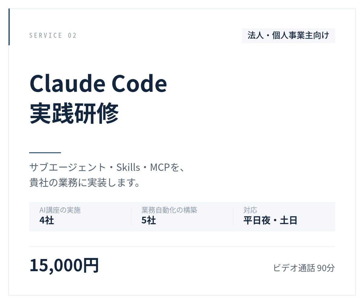 Claude Code実践研修を実施します サブエージェント・Skills・MCPを実装 イメージ1