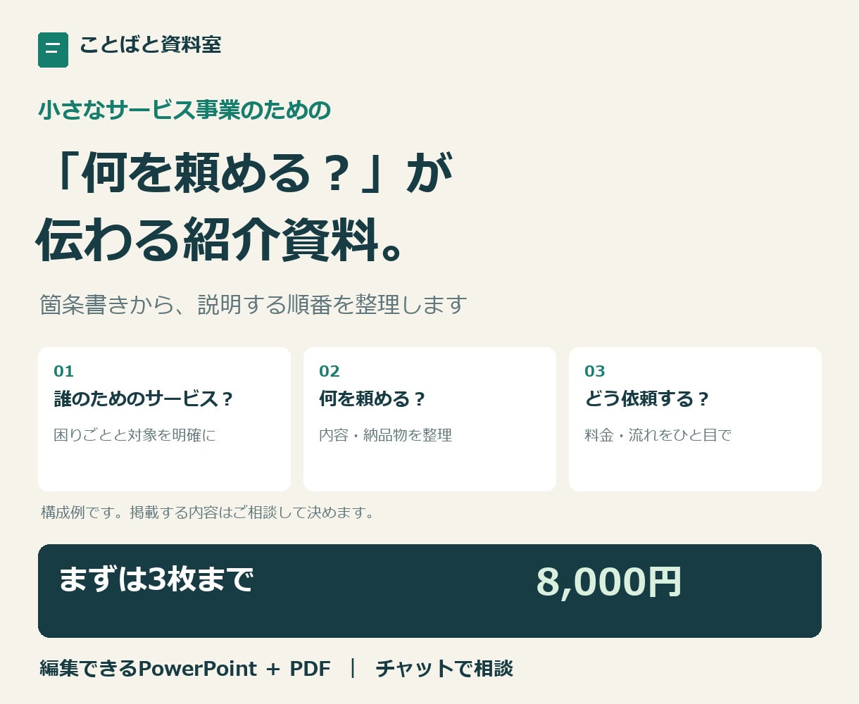 はじめてのサービス紹介資料を3枚で作ります 箇条書きを整理｜まずは小さく、編集できるパワポとPDFに イメージ1