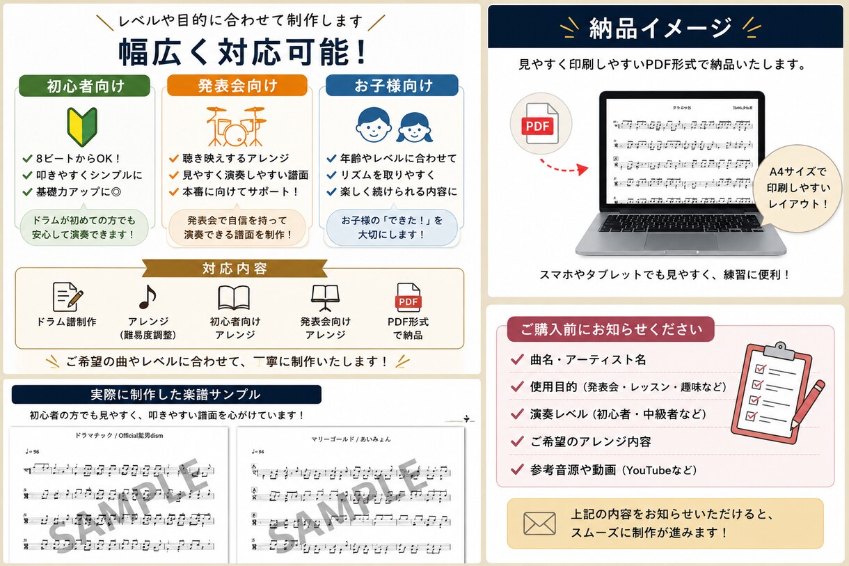 初心者向けドラム譜を分かりやすく制作します 現役ドラム講師が丁寧に楽譜を制作します イメージ4