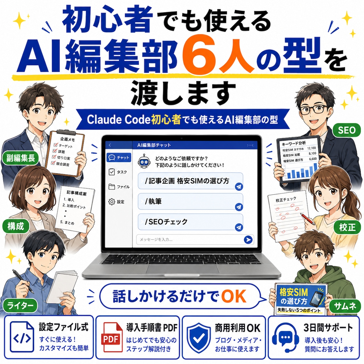 記事を量産するAI編集部6人分の型を渡します Claude Code初心者でも使えるAI編集部の型 イメージ1