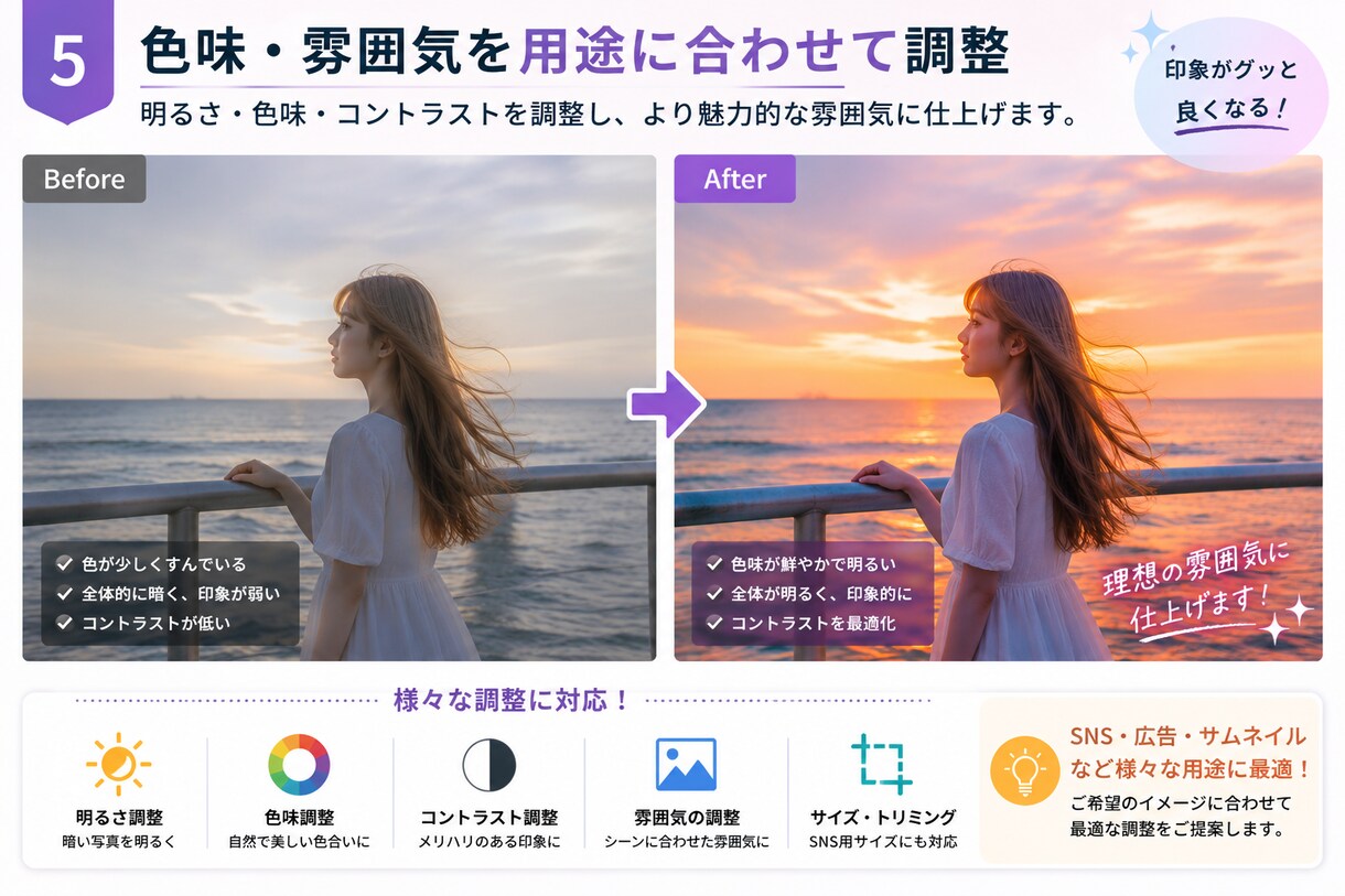 AI生成画像の修正・レタッチをしますます 手や顔・背景など気になる部分を自然に整えます イメージ5
