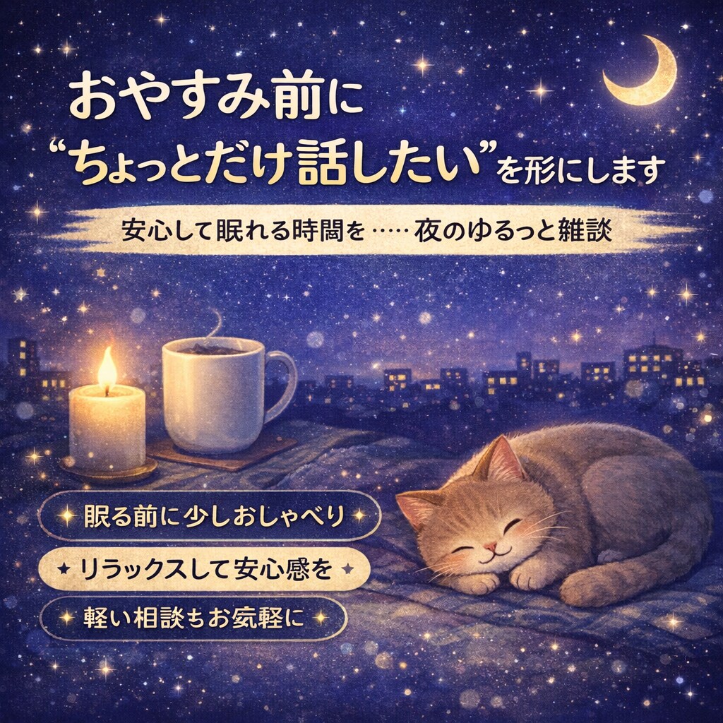 おやすみ前に“ちょっとだけ話したい”を形にします 安心して眠れる時間を…… 夜のゆるっと雑談 イメージ1