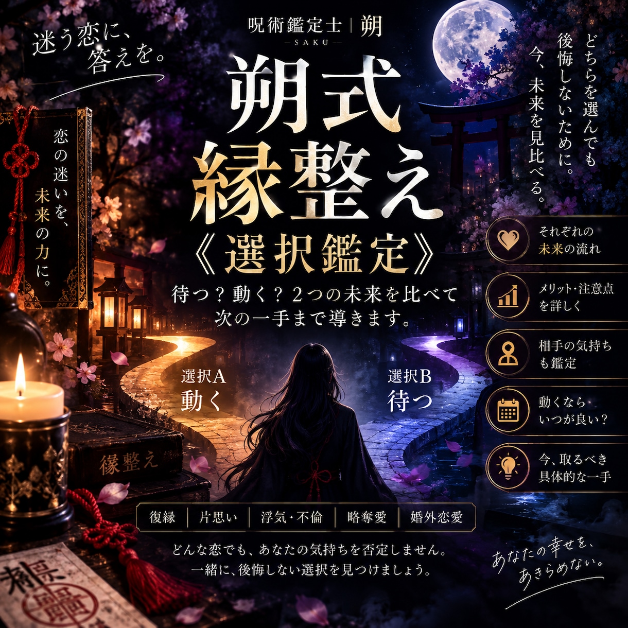 迷う恋の縁を整え今後の進み方を占います 【朔式・縁整え《選択鑑定》】待つ？動く？2つの未来を導きだす イメージ1