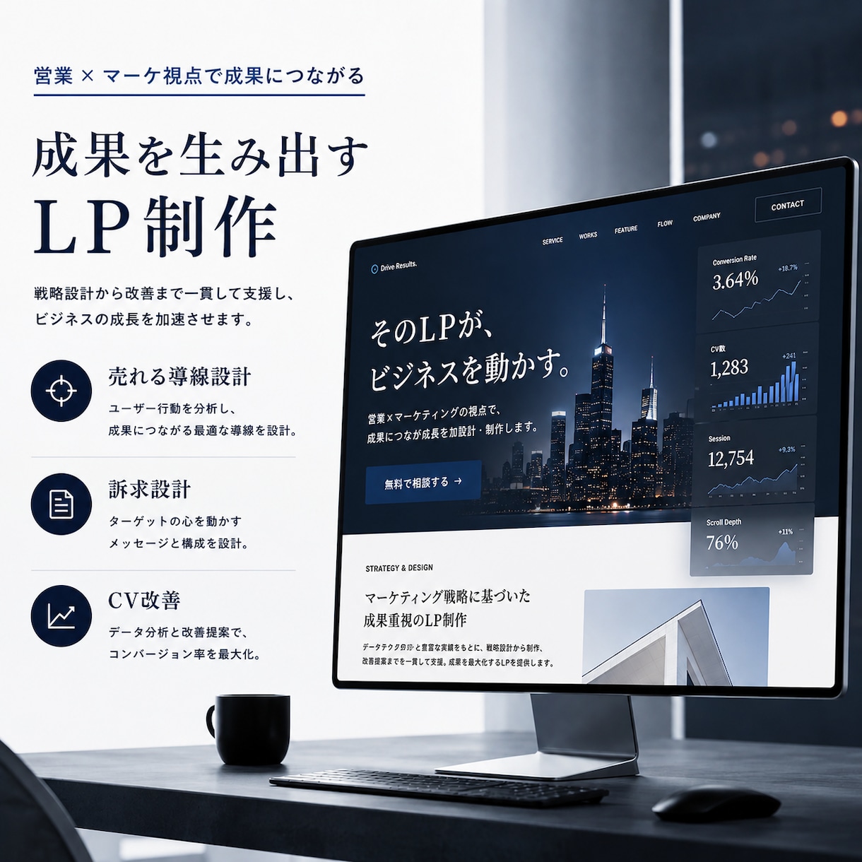 営業×マーケ視点でLP構成から制作します 「誰に」「何を」「どう伝えるか」まで整理してLP化します。 イメージ1