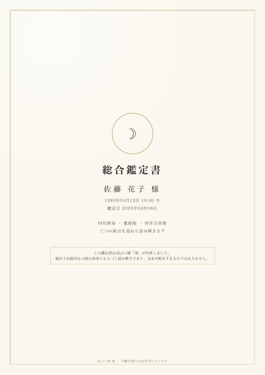 四柱推命×数秘で10〜11ページの鑑定書を作ります AIが作るお名前入りPDF。命式の図と12か月の運気つき イメージ2