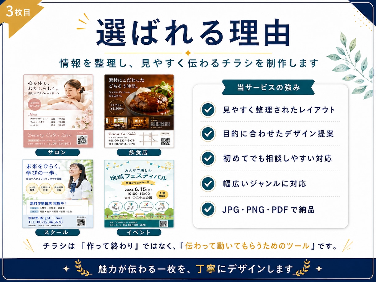 伝わるチラシ・フライヤーを丁寧にデザインします 事業の魅力を整理し、見やすく伝わる形にします イメージ3