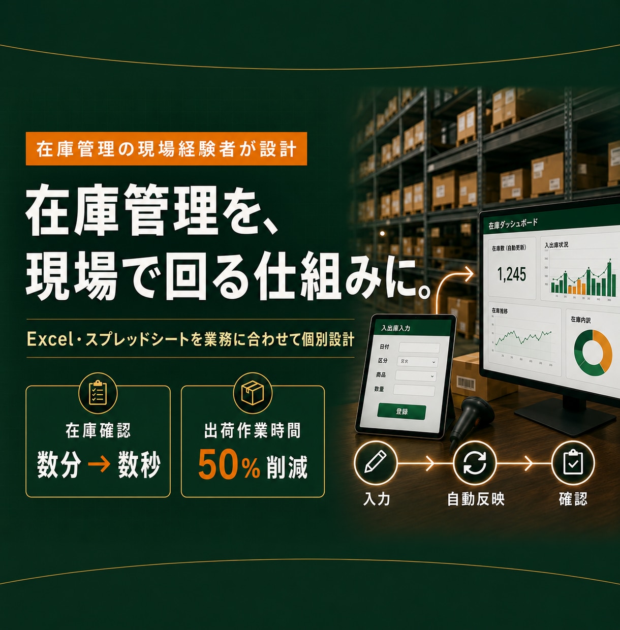 入出庫・棚卸まで管理できる在庫管理表を作成します 現場経験を活かし、入出庫の入力から在庫数まで自動反映します。 イメージ1