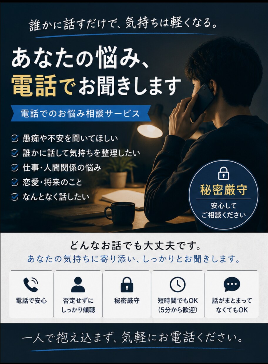 あなたの心に寄り添い最後までお話聞きます 嬉しいことも辛いことも、安心して何でも話せる場所です イメージ1
