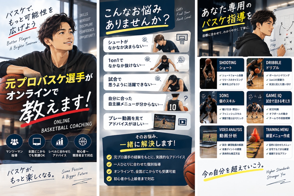 元プロバスケ選手がオンラインで個別指導します 動画を見ながらあなたに合った改善ポイント練習方法をアドバイス イメージ1