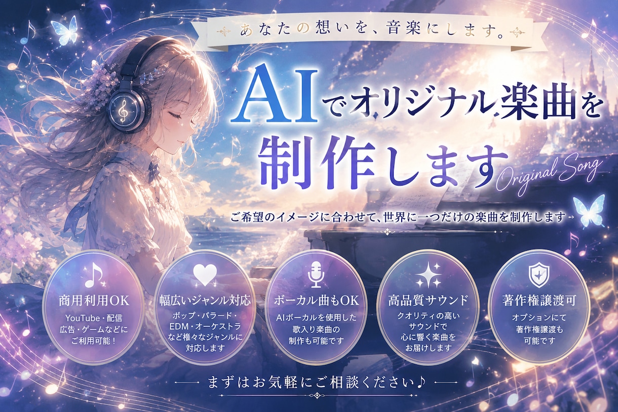 AIでオリジナル楽曲・bgmを制作します まずは相談してみて！ご希望のイメージを曲に変えます！ イメージ1