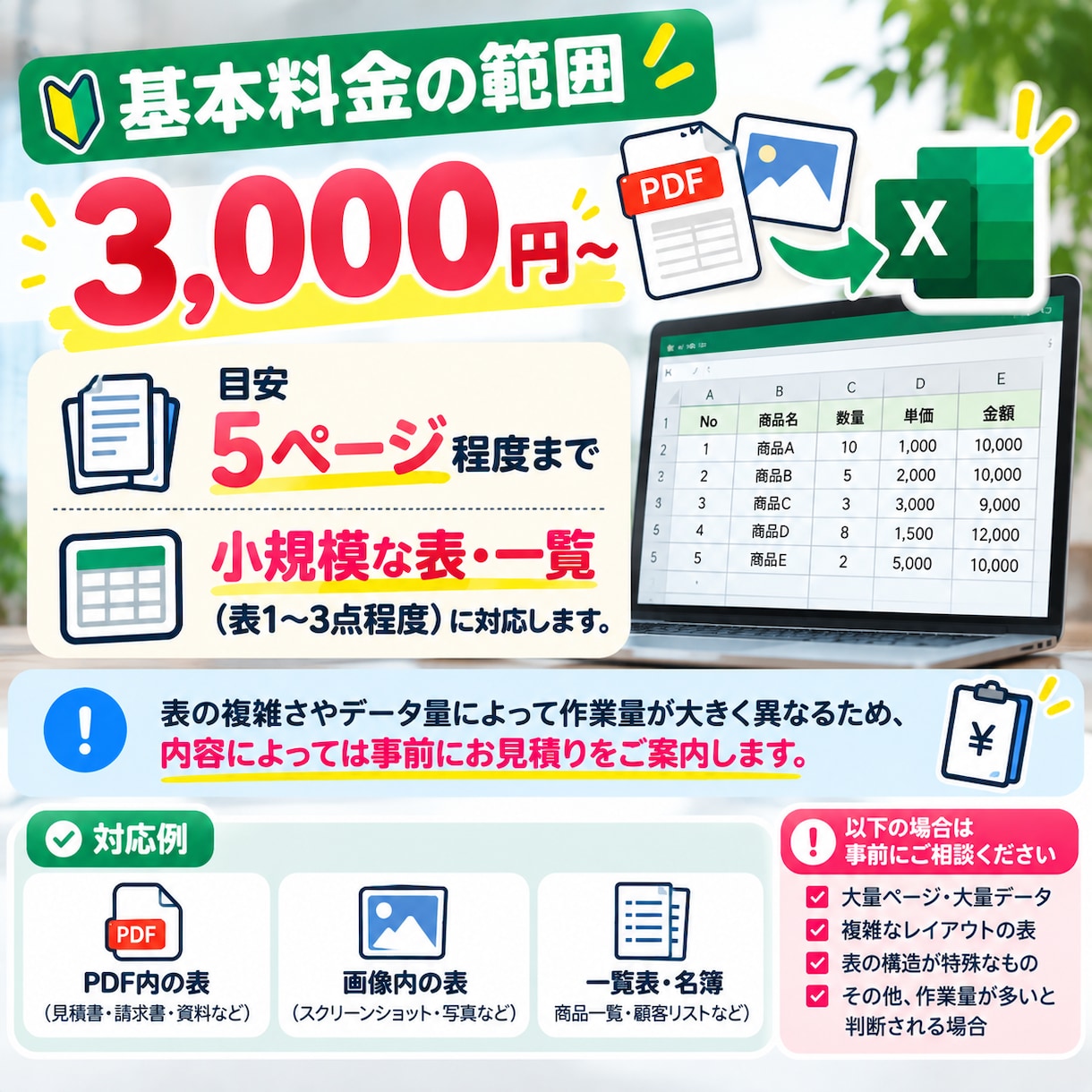 PDF・画像の表をExcelデータに整理します 表や一覧を、編集・集計しやすいExcel形式に整えます イメージ3
