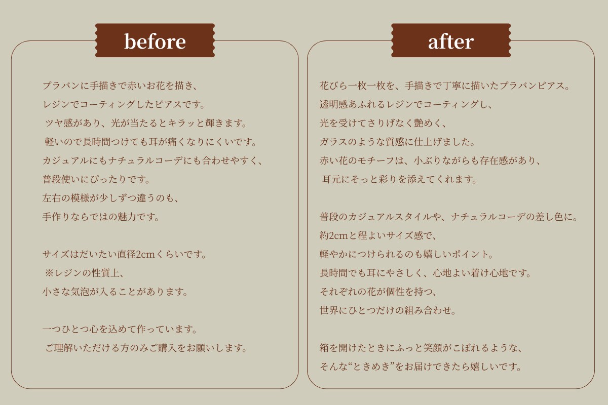 ハンドメイド作品説明文の添削をお手伝いします あなたの言葉を活かしながら、作品の魅力が伝わる文章に整えます イメージ2