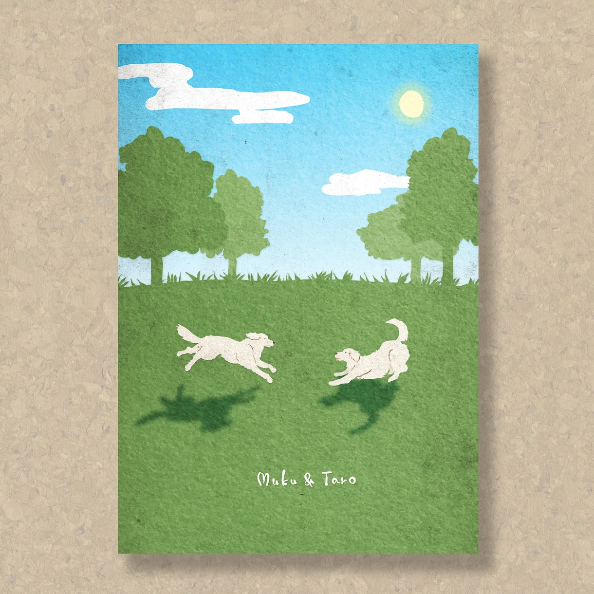 フラットな愛犬の風景画、似顔絵イラストお届けします A4印刷物を納品。うちのこ誕生日プレゼント・遺影・ペットロス イメージ2