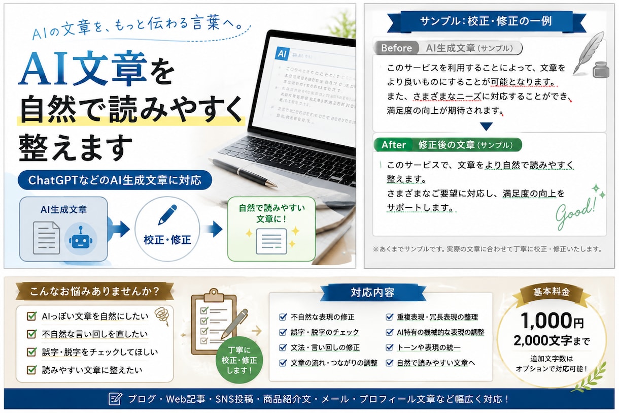 AI文章を自然で読みやすい文章に整えます AI特有の不自然な表現を丁寧に修正します イメージ1