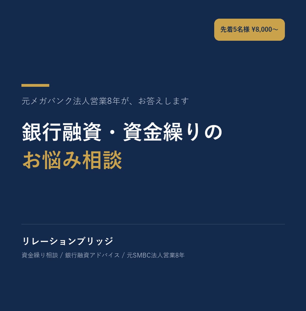 元メガバンク勤務8年が融資・資金繰り相談に乗ります 融資審査の内側を知る元メガバンカーが資金繰りをアドバイス！ イメージ1
