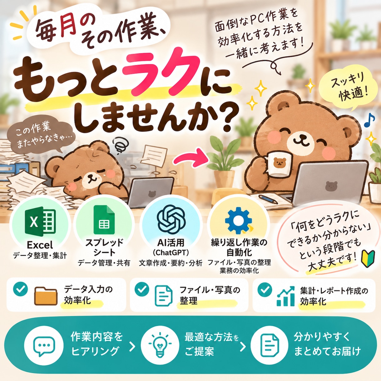 面倒なPC作業をラクにする方法を考えます 毎月の繰り返し作業・事務作業を整理して効率化します イメージ1