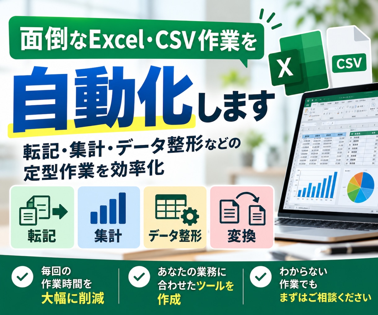Excel・CSVの面倒な作業を自動化します 転記・集計・データ整形などの定型作業を効率化します イメージ1