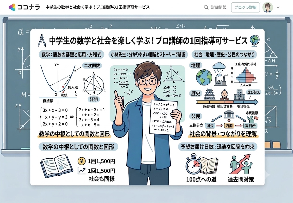 1回から可能。中学社会の指導をします テスト前などで地理、歴史、公民の苦手なところを指導可能です イメージ1
