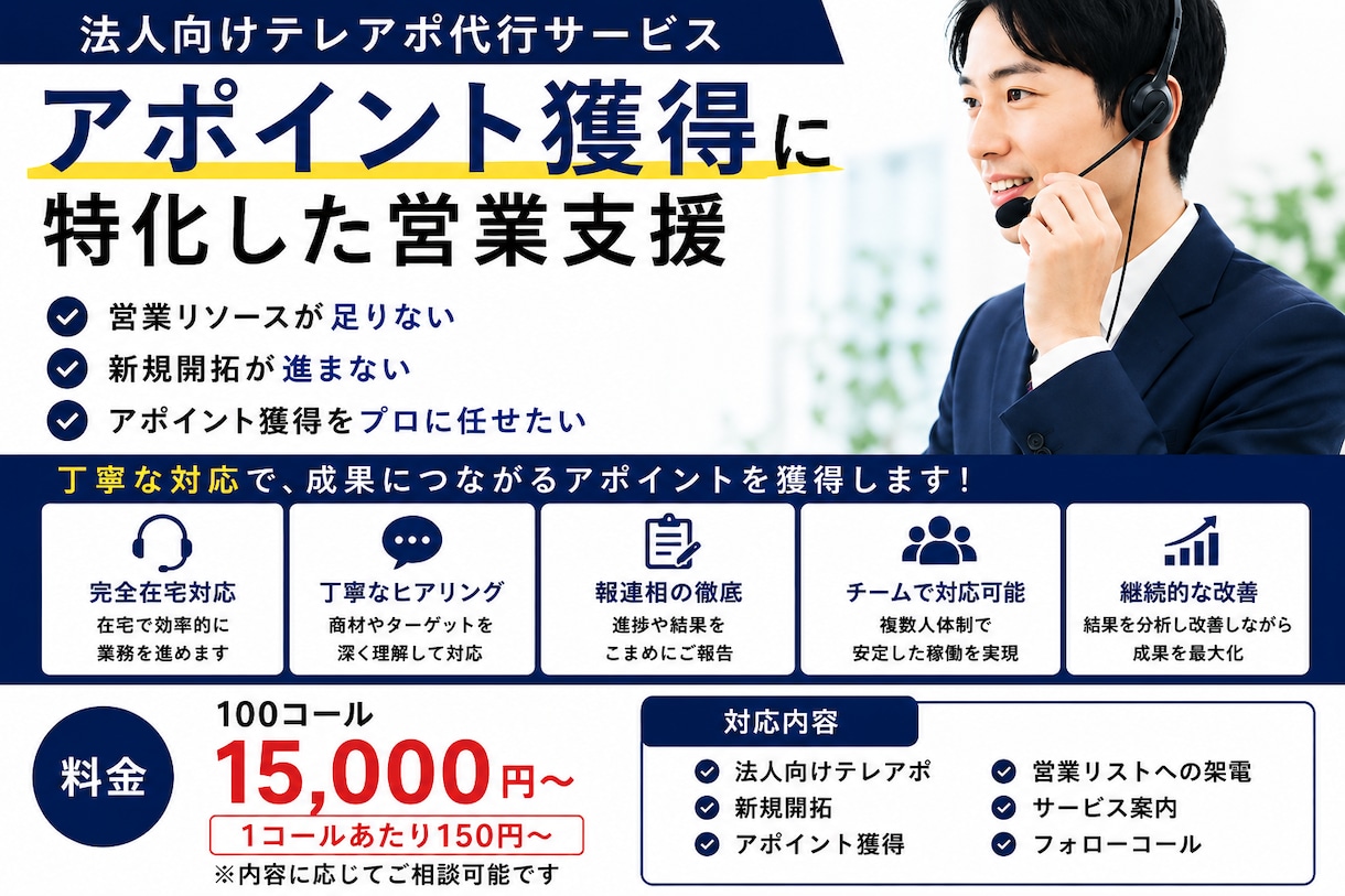 営業全国3位経験｜法人向けテレアポ代行します アポ獲得に特化した営業代行です イメージ1