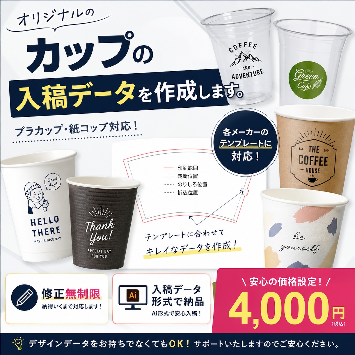 カフェのオリジナルカップの入稿データを作ります テンプレートに合わせて既存デザインの調整、入稿データ作成 イメージ1