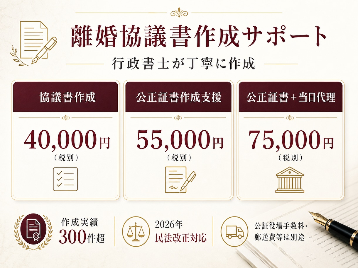 離婚協議書を行政書士が丁寧に作成します 実績300件超・公正証書化と当日代理にも対応 イメージ1