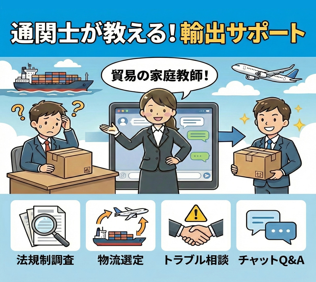 通関士が教える▶輸出手順丸ごと相談乗ります 初めての輸出をサポート！手順や規制を丁寧に解説します イメージ1