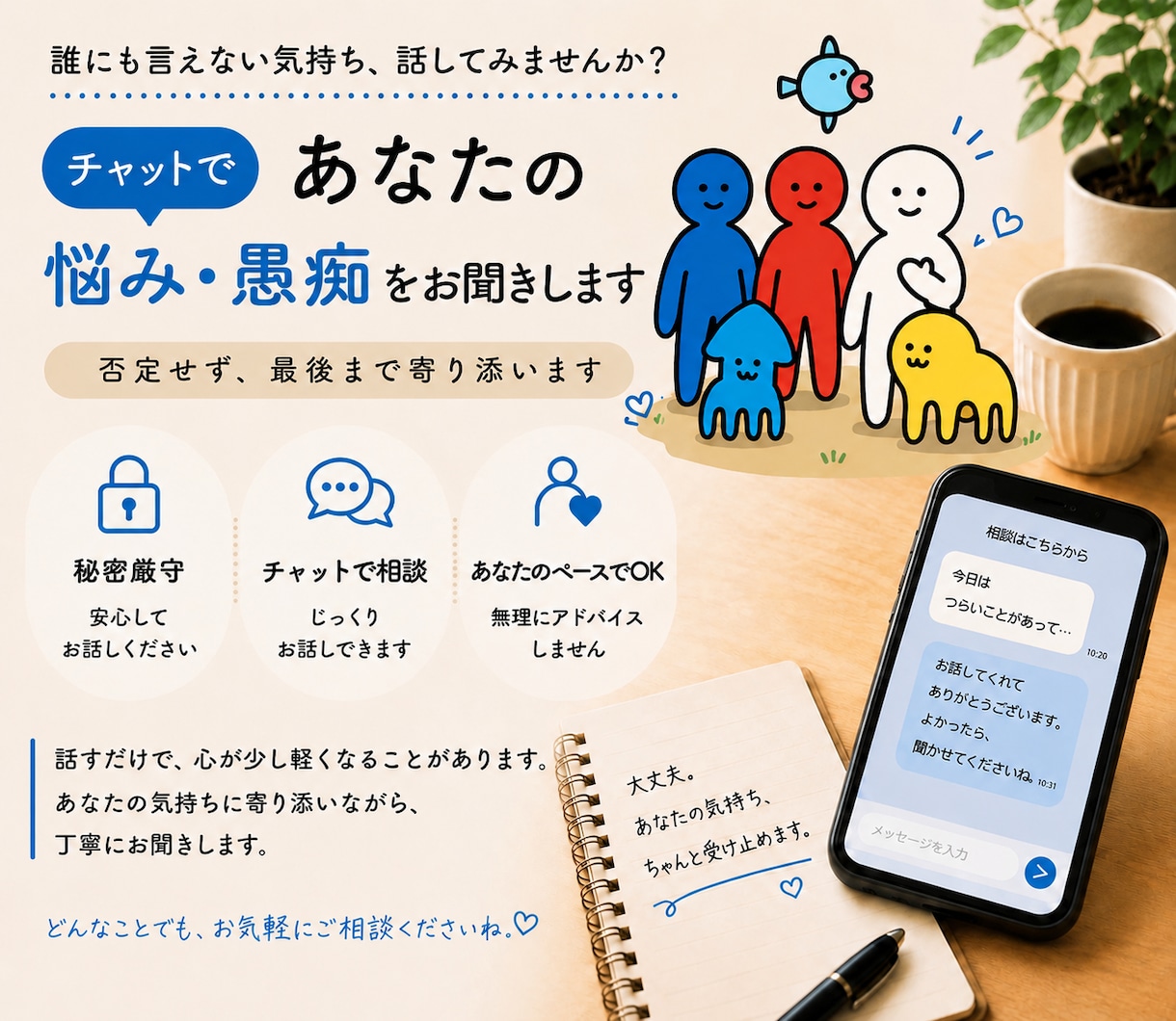 誰にも言えない悩み・愚痴をチャットでお聞きします 一人で抱え込まなくて大丈夫です イメージ1