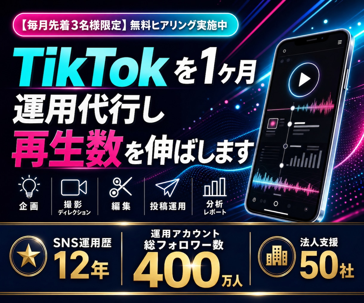 200万運用のプロがTikTokを運用代行します 企画から編集・投稿・レポートまで体制で回します イメージ1