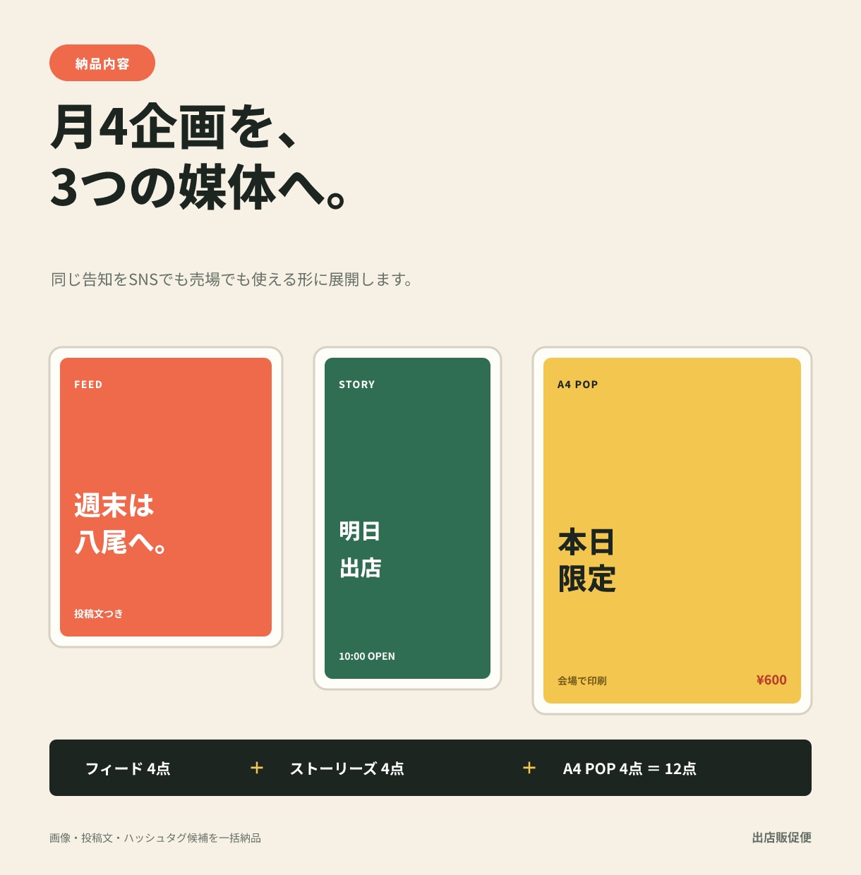 催事・出店のSNS画像とPOPを月12点作ります 写真と予定を送るだけ。投稿文までまとめて納品 イメージ2