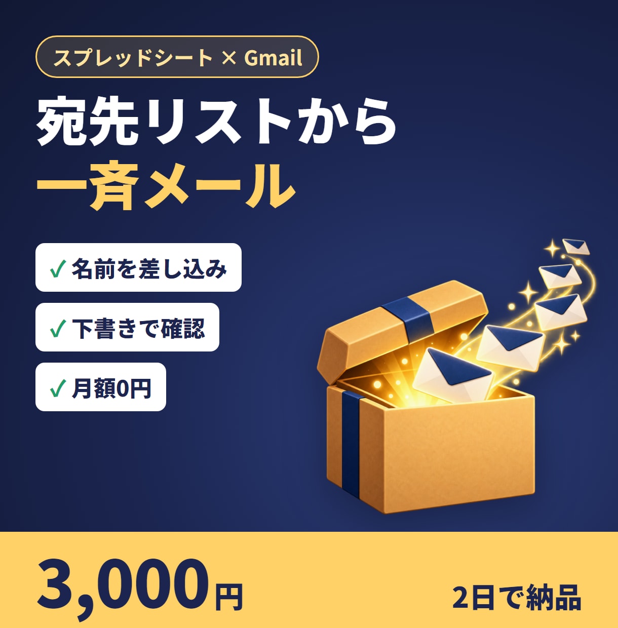 宛先リストからGmail一斉送信できるようにします 名前や会社名を差し込み、下書きで確かめてから送信 イメージ1