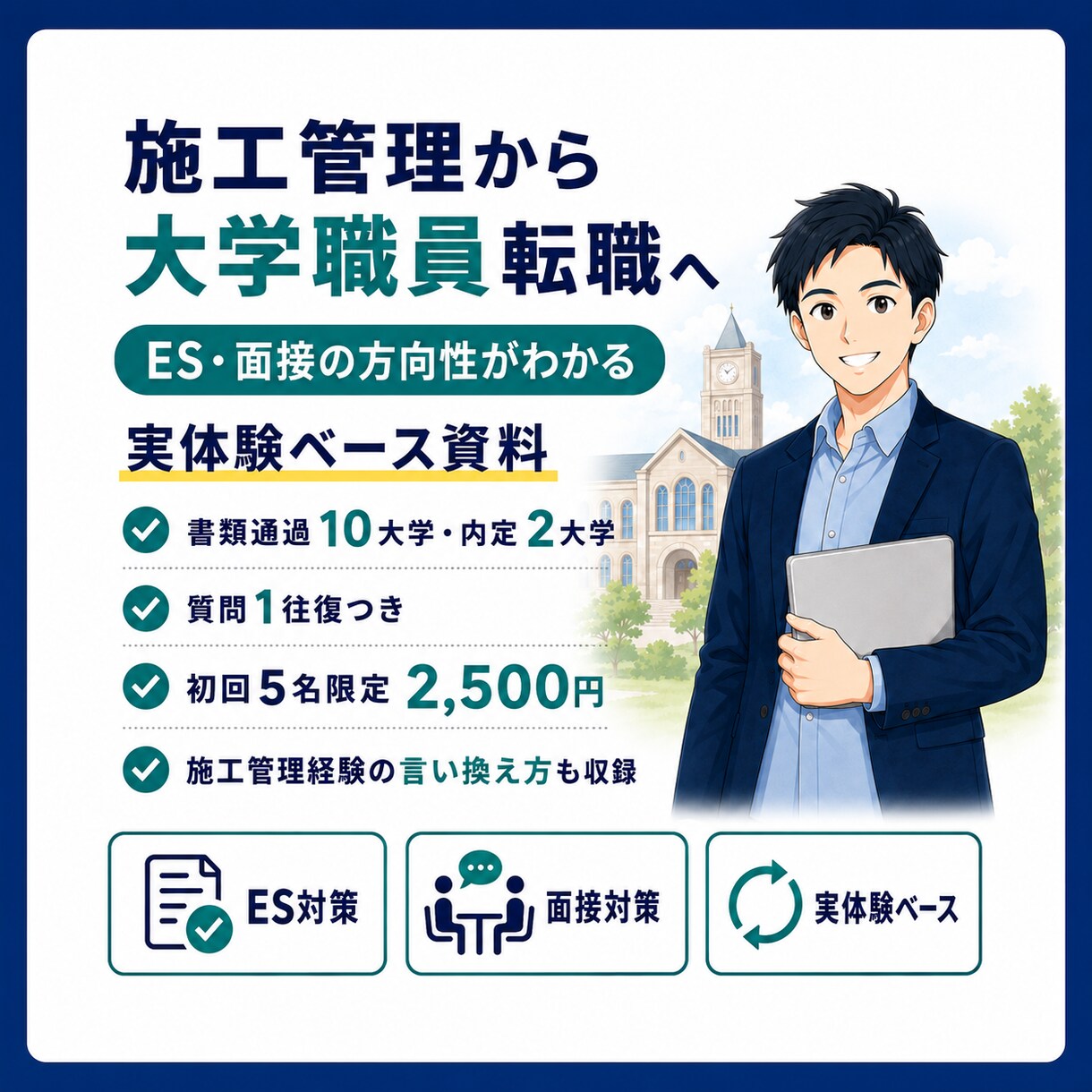 施工管理から大学職員転職を支援します 実体験資料+質問1往復で方向性を整理 イメージ1