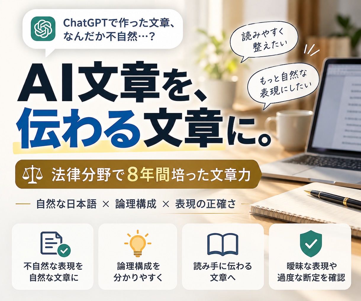 AIで作った文章を自然で読みやすく整えます 法律分野で8年の文章経験！自然さと論理性を重視 イメージ1