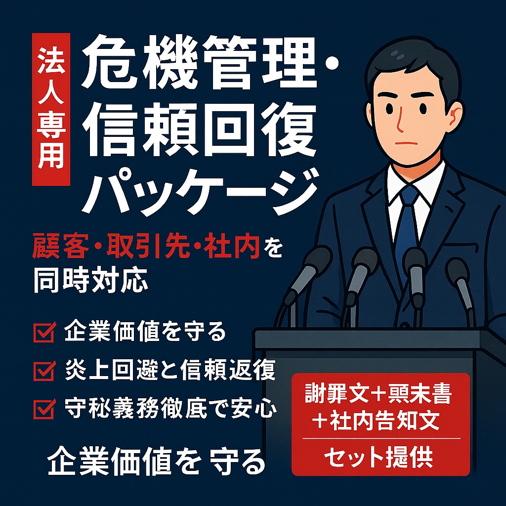 法人専用 危機管理パッケージを作成します 「企業価値」を守る危機管理文書をワンストップで提供。 イメージ1