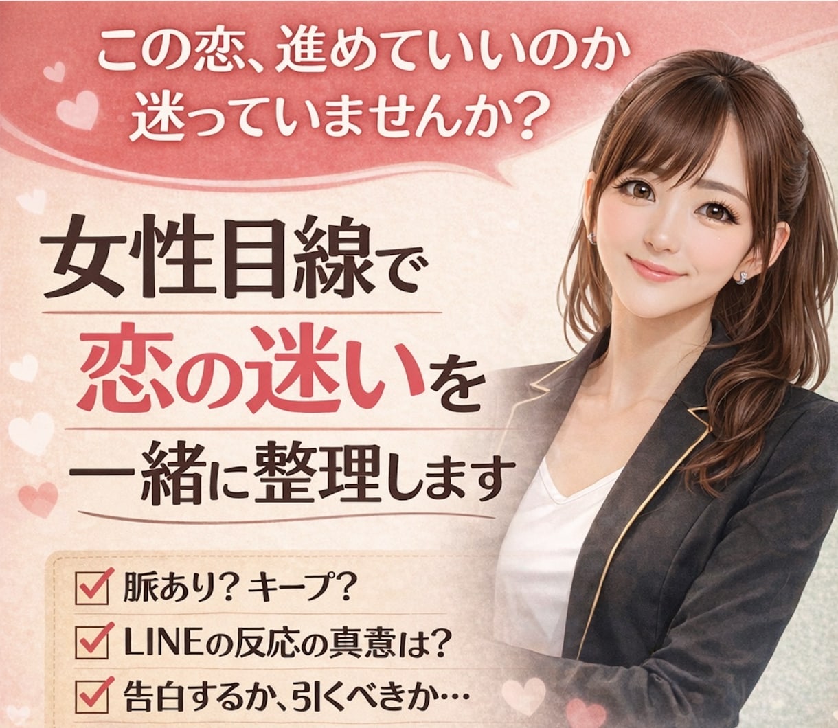 女性目線で恋の迷いを一緒に整理します 彼女の言動や行動を一つずつ整理し、女性目線で一緒に考えます。 イメージ1