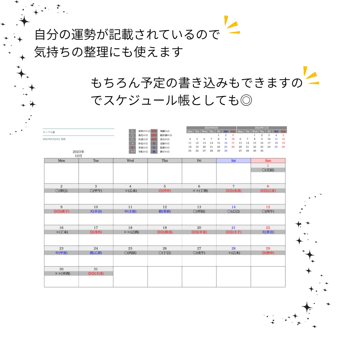 12ヶ月分【あなた専用運勢カレンダー】お作りします 四柱推命を使い運気の流れをカレンダー形式に可視化します。 イメージ2