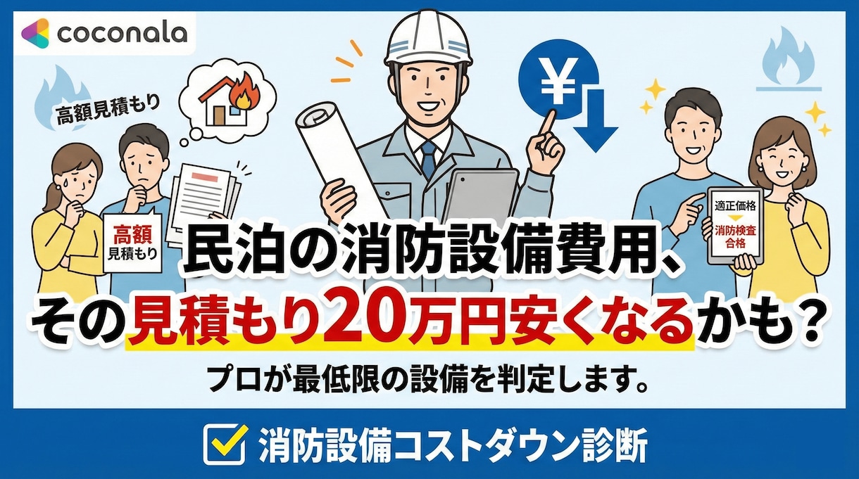 民泊の消防設備費用、プロが最低限の設備を判定します その見積もり20万円安くなるかも？消防設備コストダウン診断 イメージ1