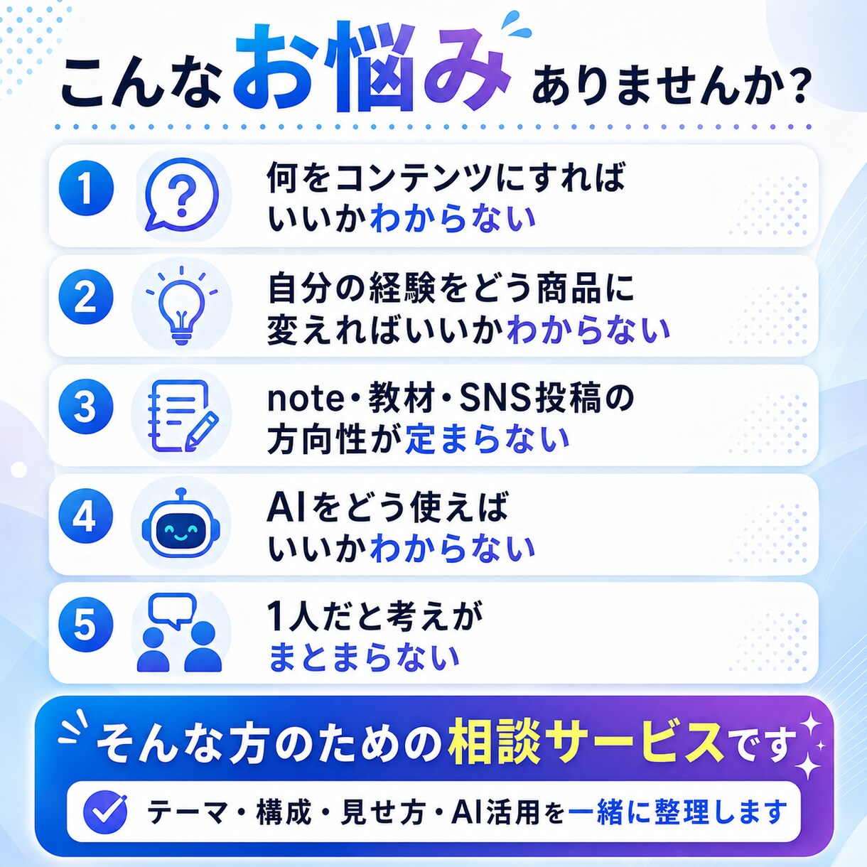 AIを使ったコンテンツ作成をアドバイスします あなたの知識・経験をコンテンツ化する方向性を一緒に整理します イメージ2