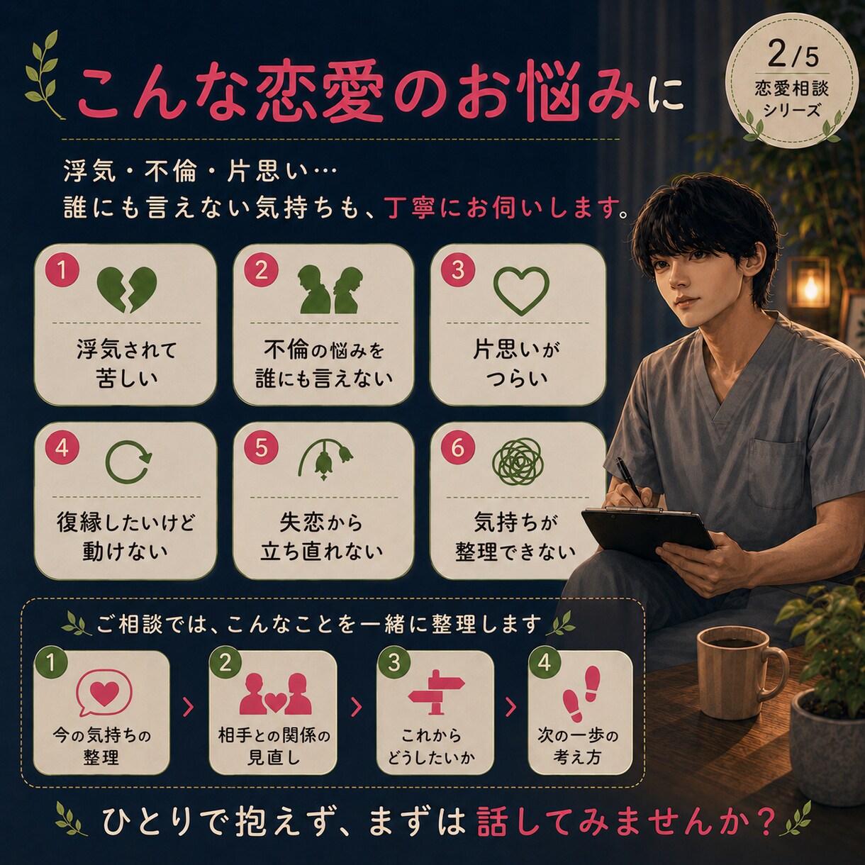 男性目線で恋愛において最適な一手を考えます ６月末までお試し価格！浮気、不倫、失恋などお悩み相談を気軽に イメージ2